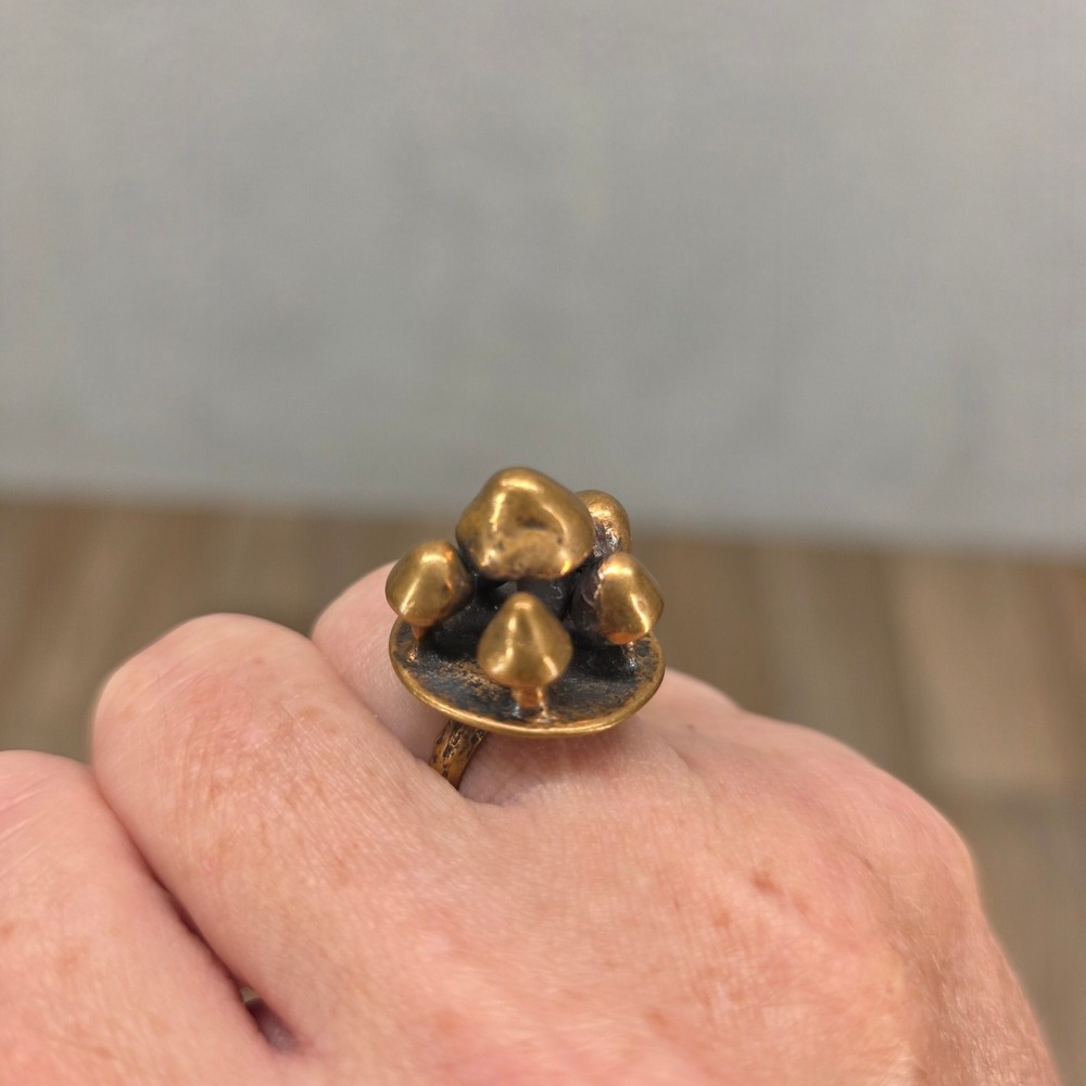 Vintage Mushroom Cluster Statement Ring Size 4.5 Artisan Gold Tone Fungi Cottage